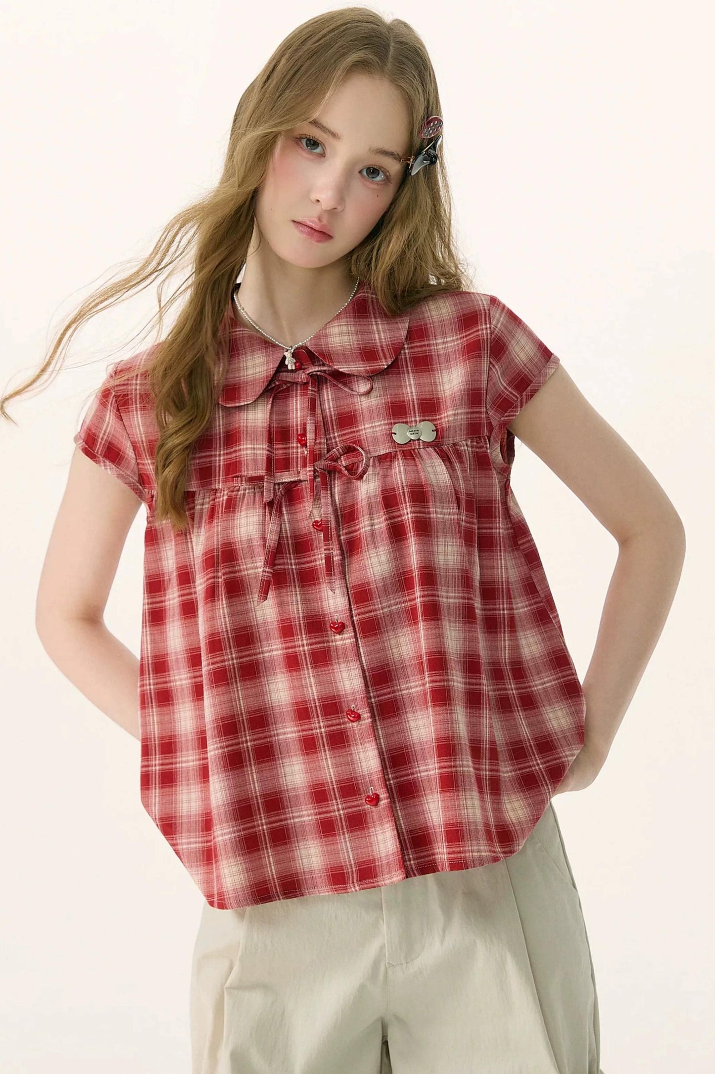Red Plaid Doll Collar Blouse