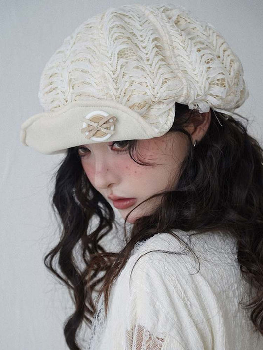 Lace-Up Bowknot & Button Beret Hat