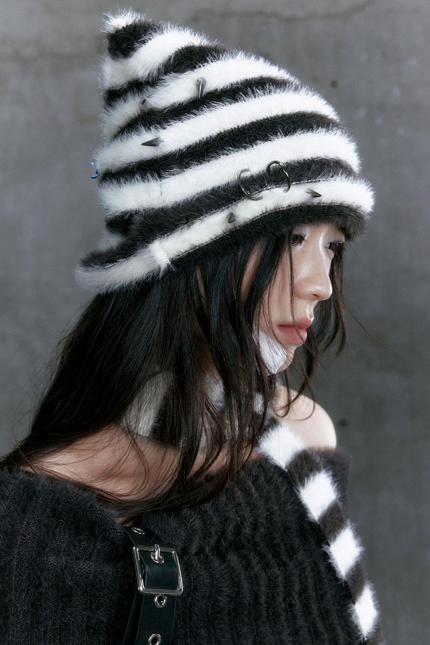 Punk Cat Ear Cap With Striped Scarf Set-Up