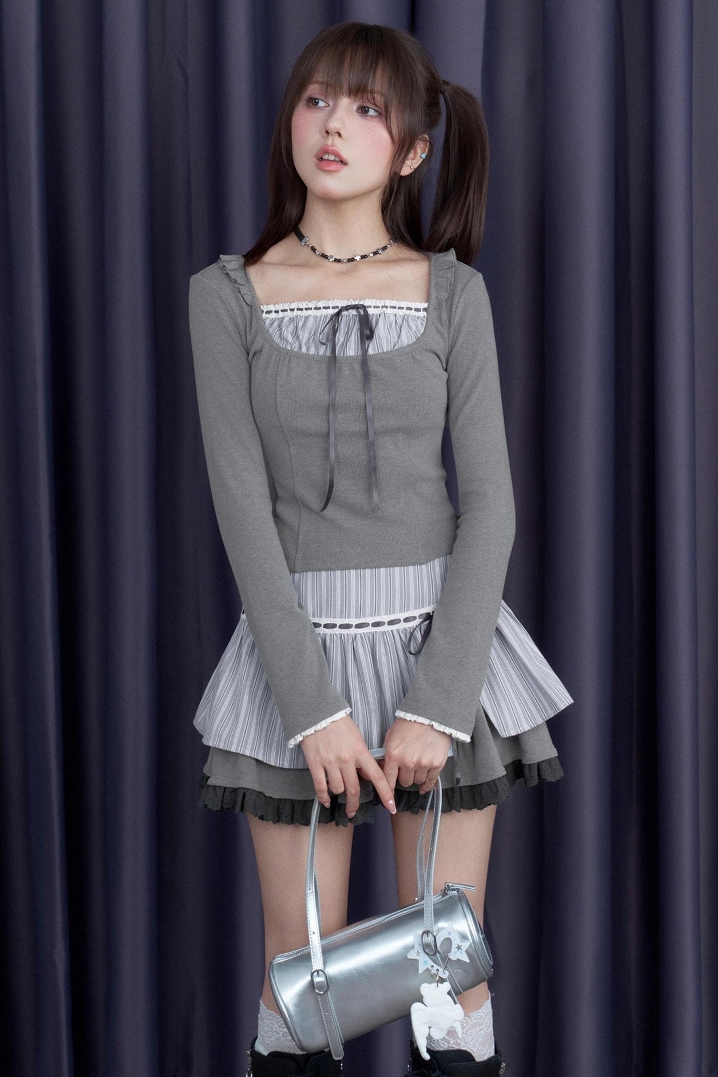 Gray Striped Long-Sleeved T-shirt