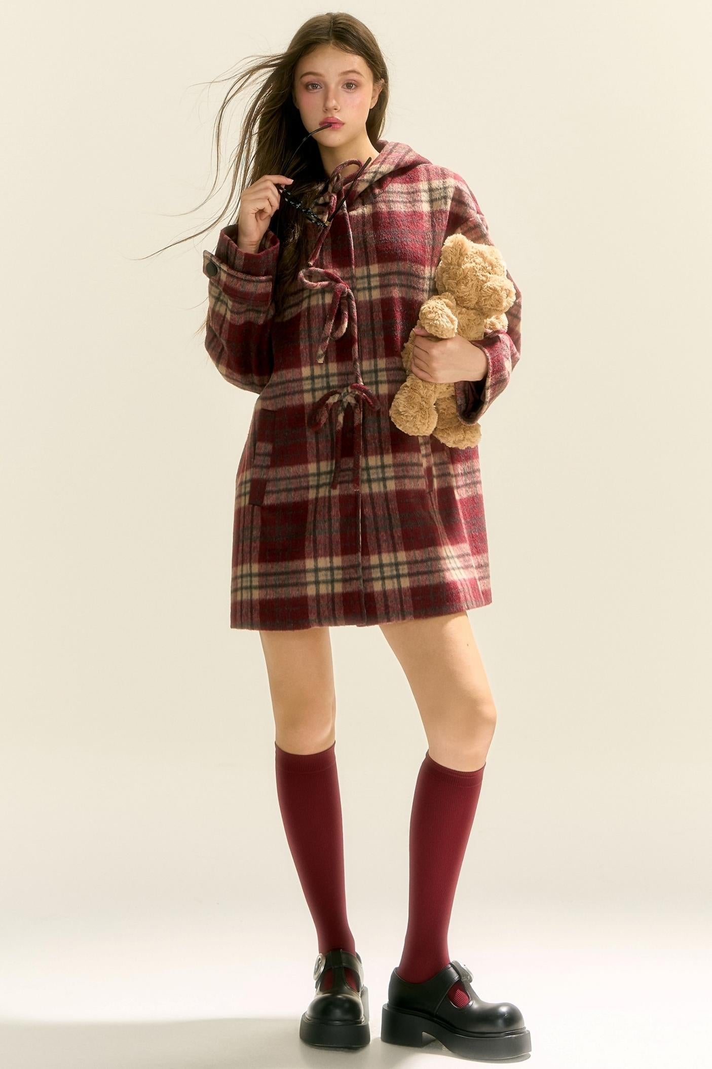 Plaid Bow Hoodie Coat Dress