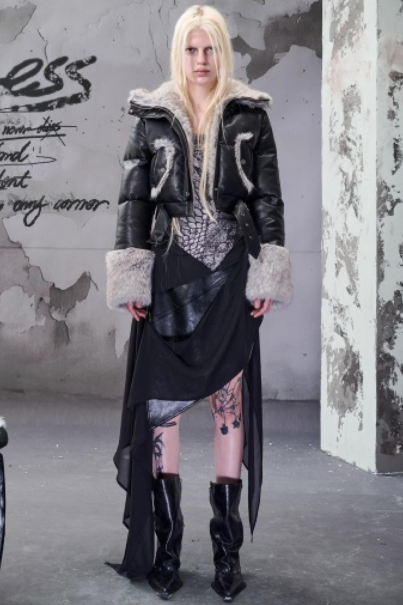 Chiffon Panel Ruffled Irregular Leather Skirt