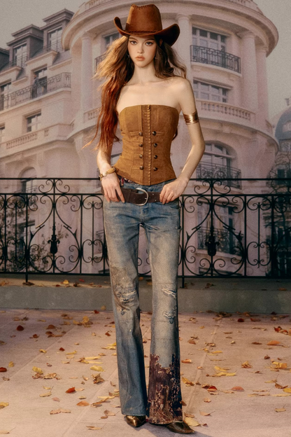 Vintage Pattern Flared Denim Pants