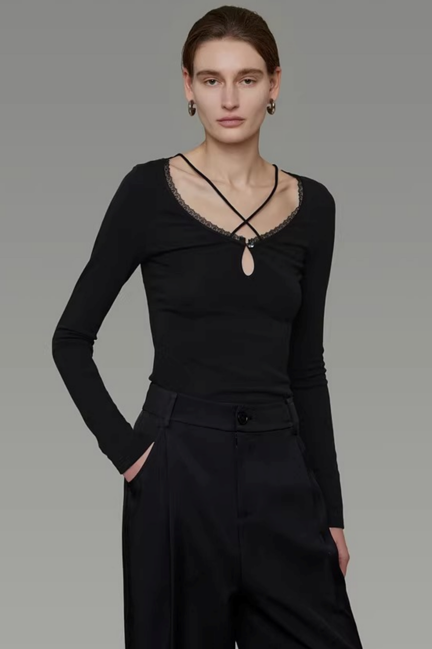 Black Cross-Neck Knit Sweater