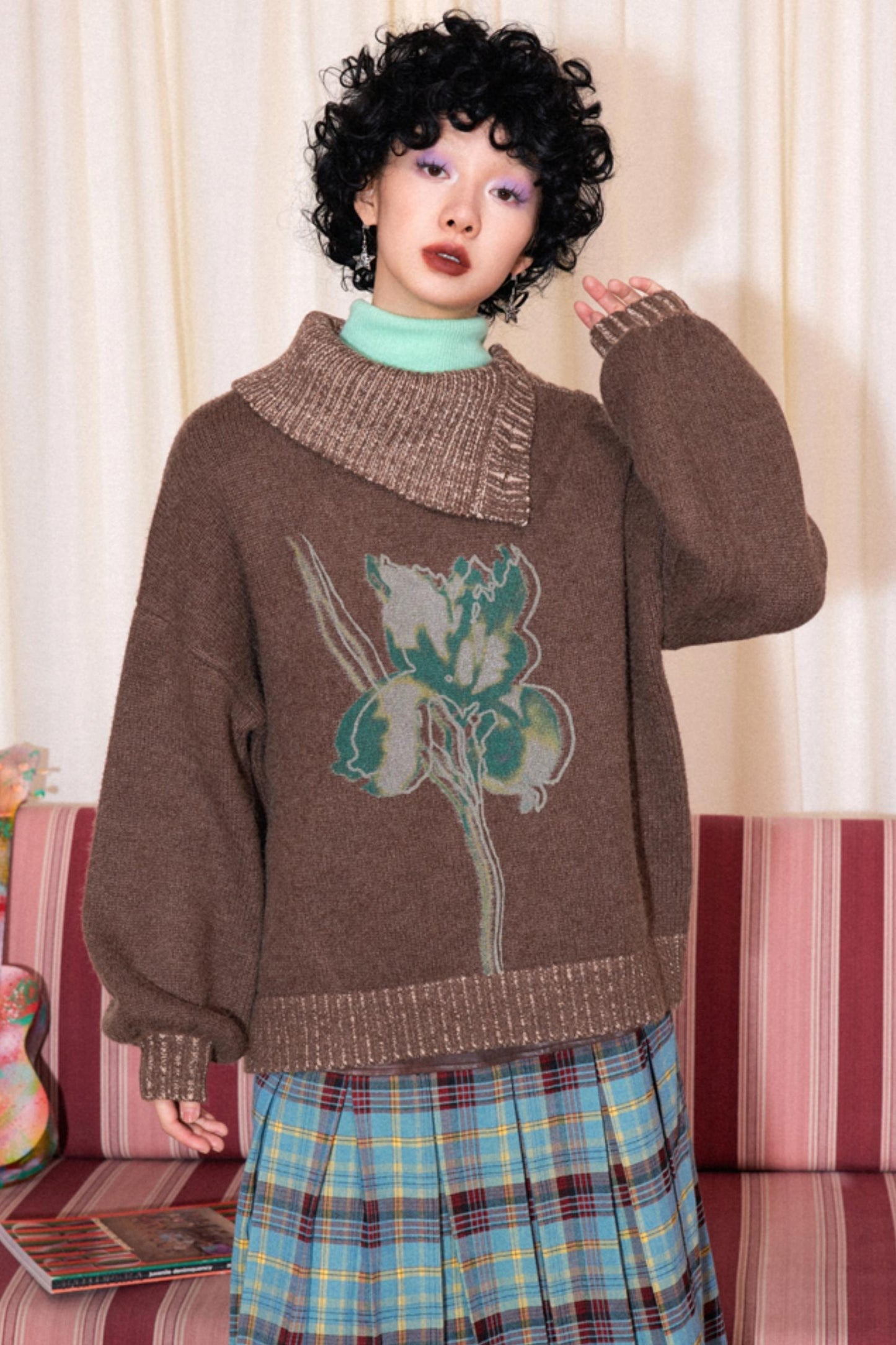 Retro Lapel Print Pullover Sweater