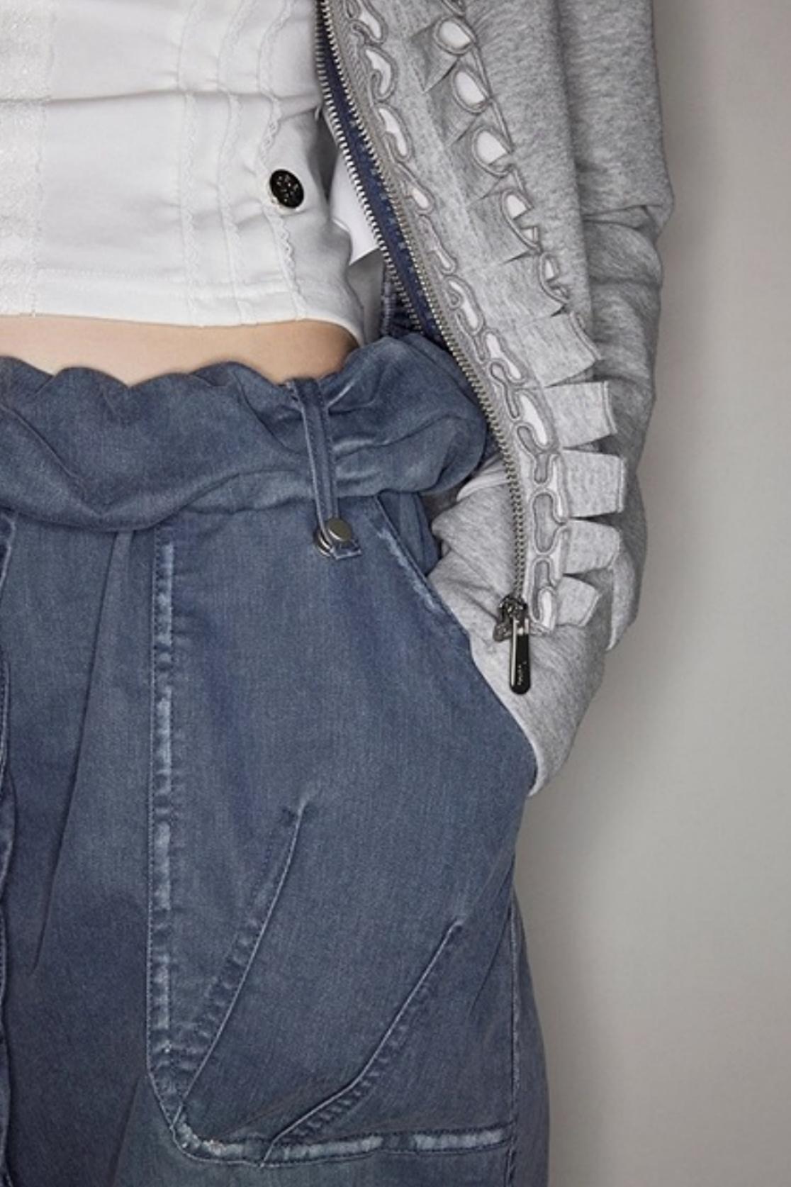 Washed Distressed Cuffed Waist Loose Pants