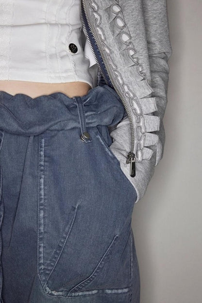 Washed Distressed Cuffed Waist Loose Pants