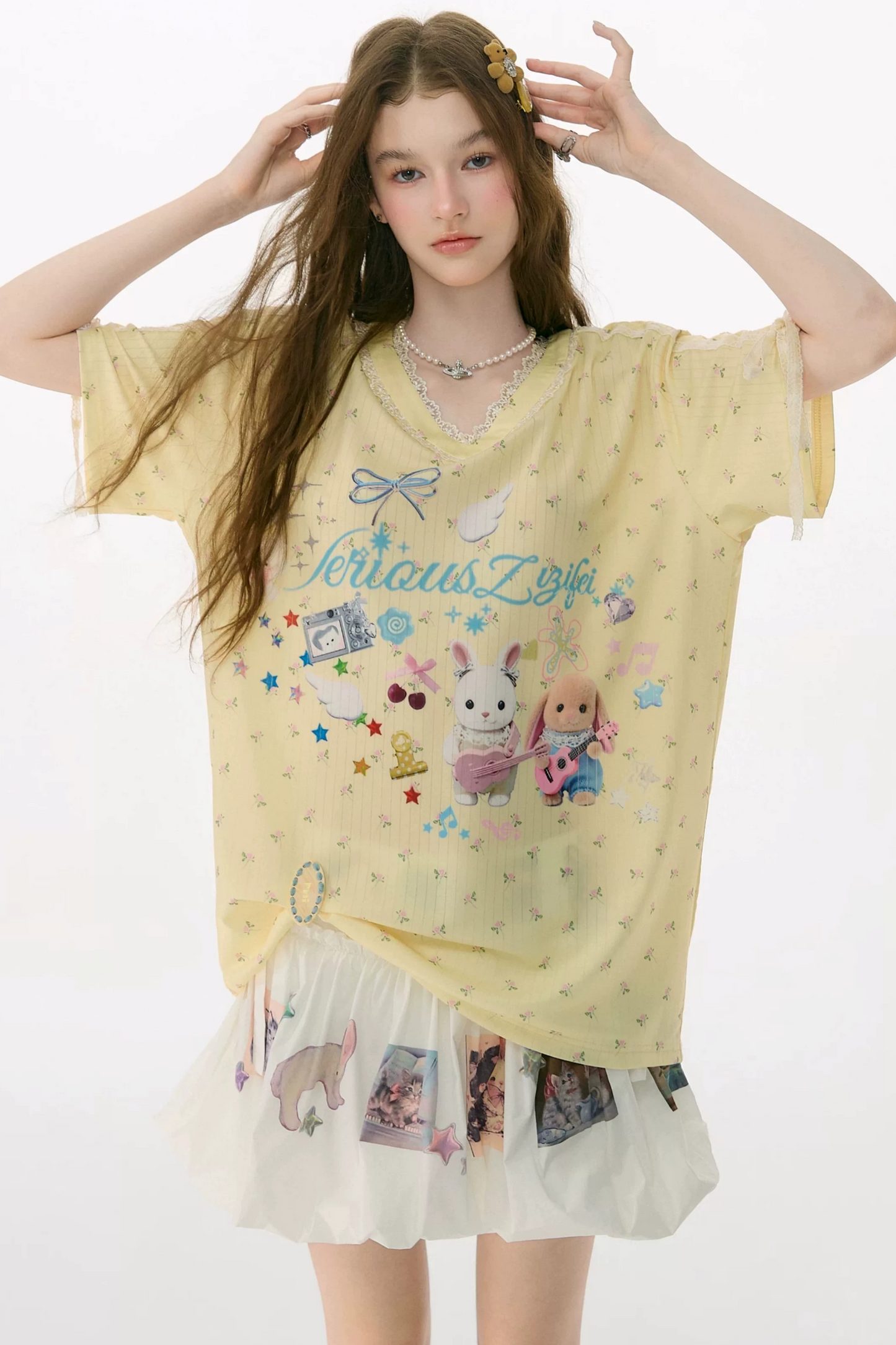 Yellow V-Neck Lace Floral T-Shirt