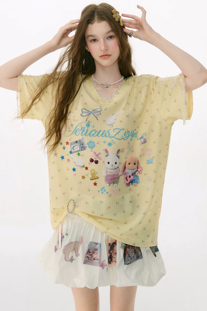 Yellow V-Neck Lace Floral T-Shirt