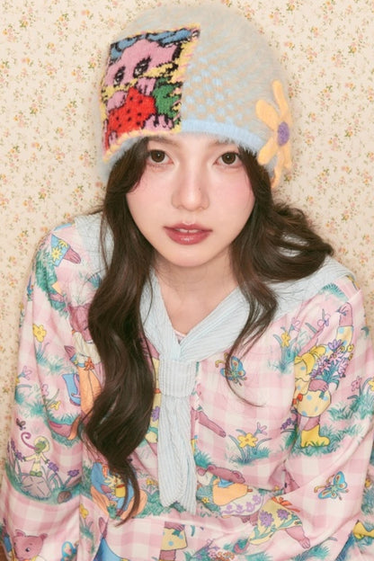 Blue Rabbit Flower Knitted Hat