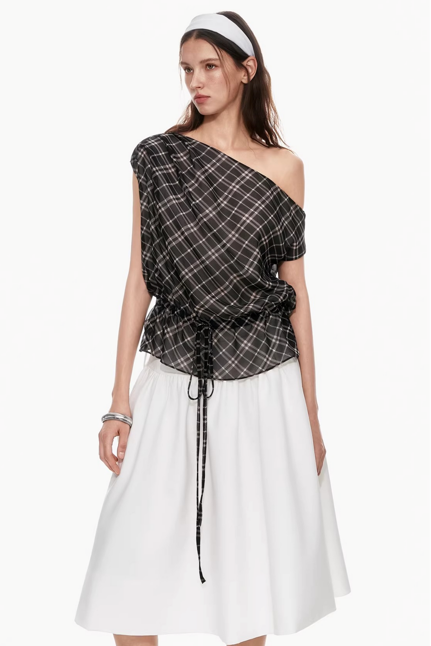 Plaid Asymmetrical Off-Shoulder Top