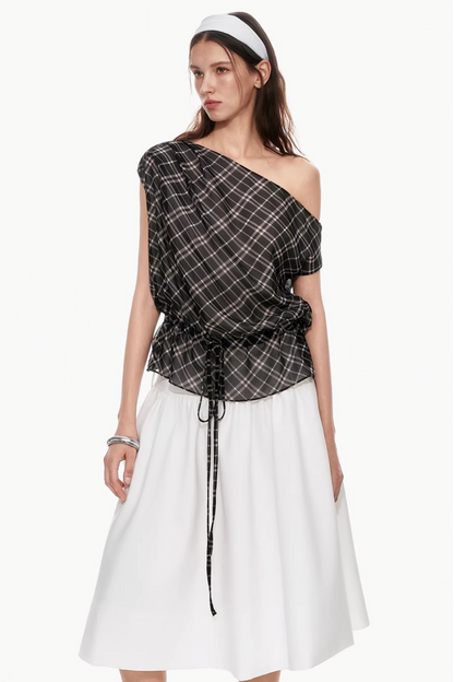 Plaid Asymmetrical Off-Shoulder Top