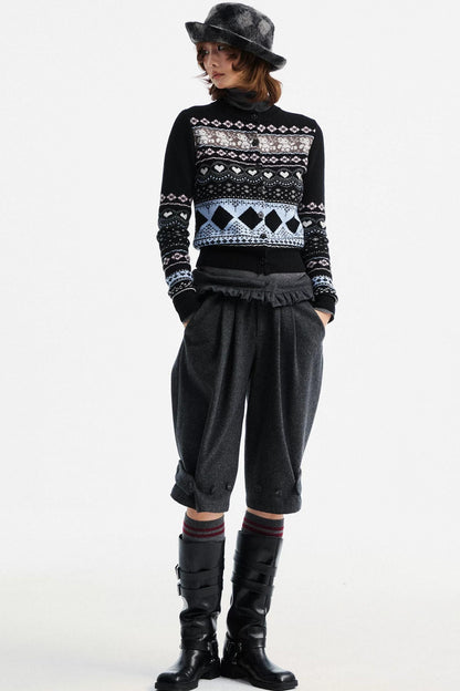 Gray Woolen Lace-Trim Pants