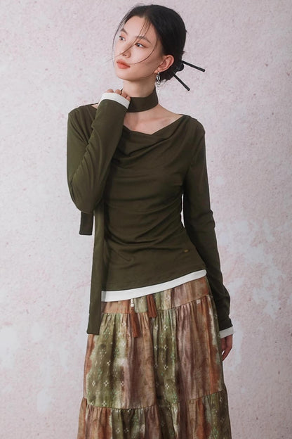 Tencel Lyocell Olive Green Swing Collar T-Shirt