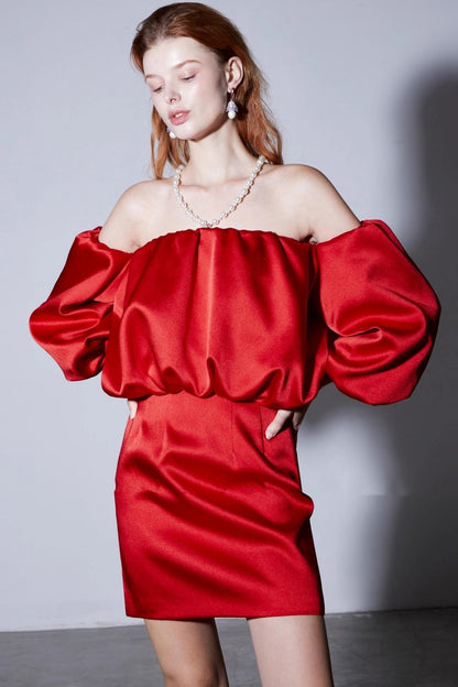 Autumn Pearl Lantern Sleeve Satin Dress