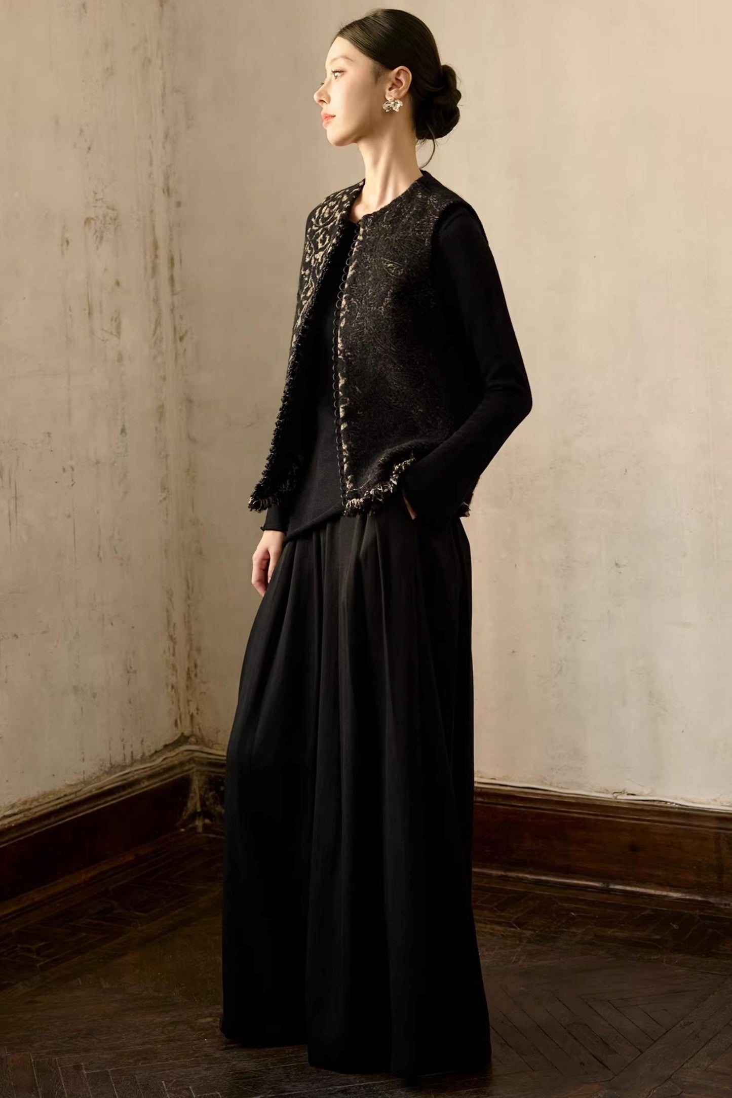 Schwarze Woll-Vintage-Jacquard-Weste Jacke