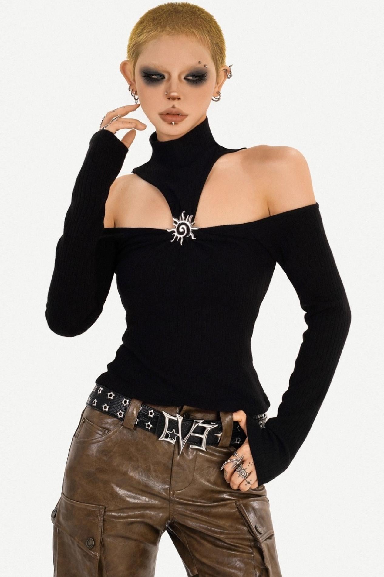 Black Off-Shoulder Halter Top