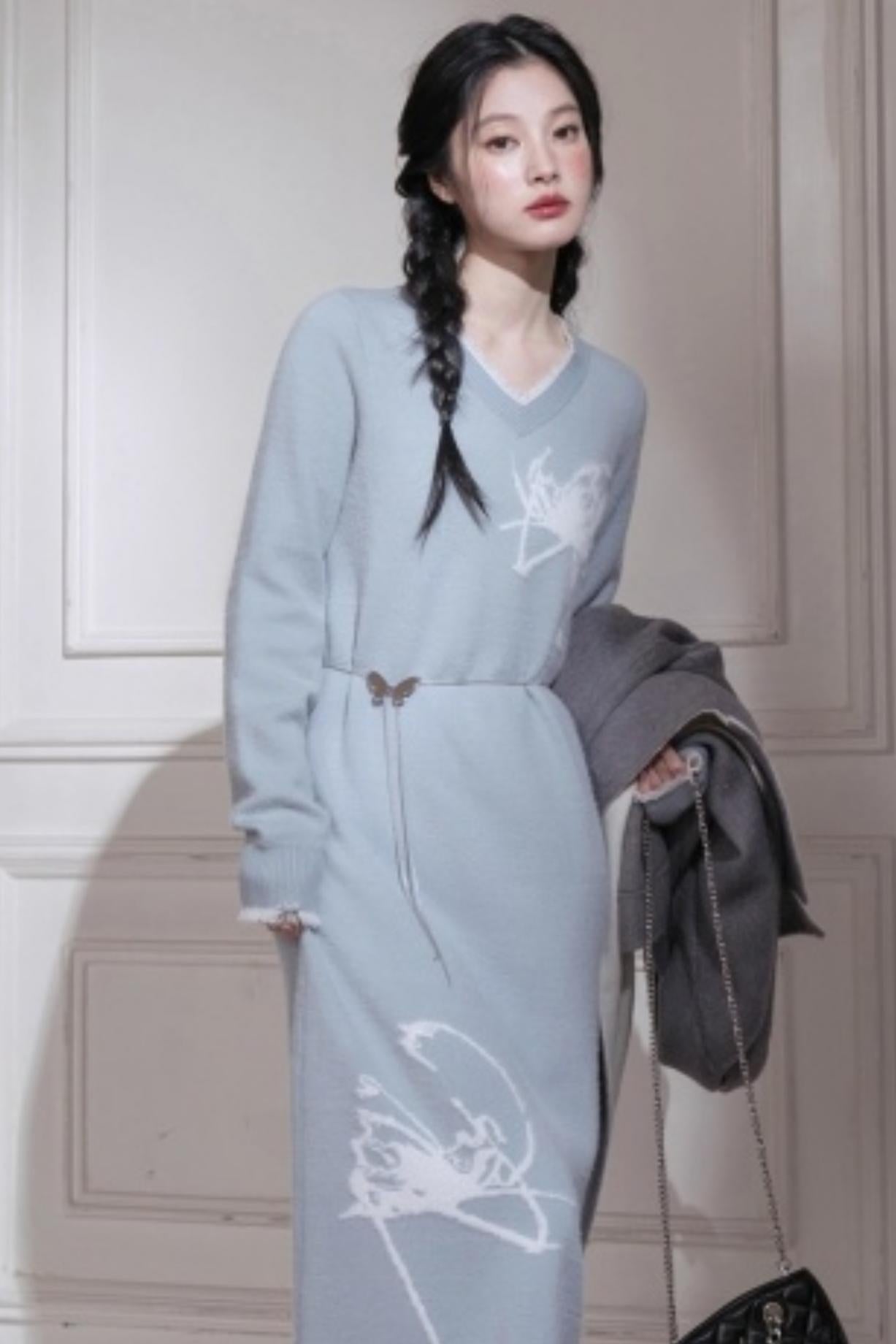 White Butterfly Blue Woolen Dress