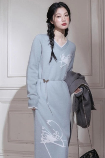 White Butterfly Blue Woolen Dress