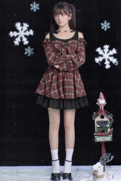 Plaid Fake Two-Piece Christmas Dress
