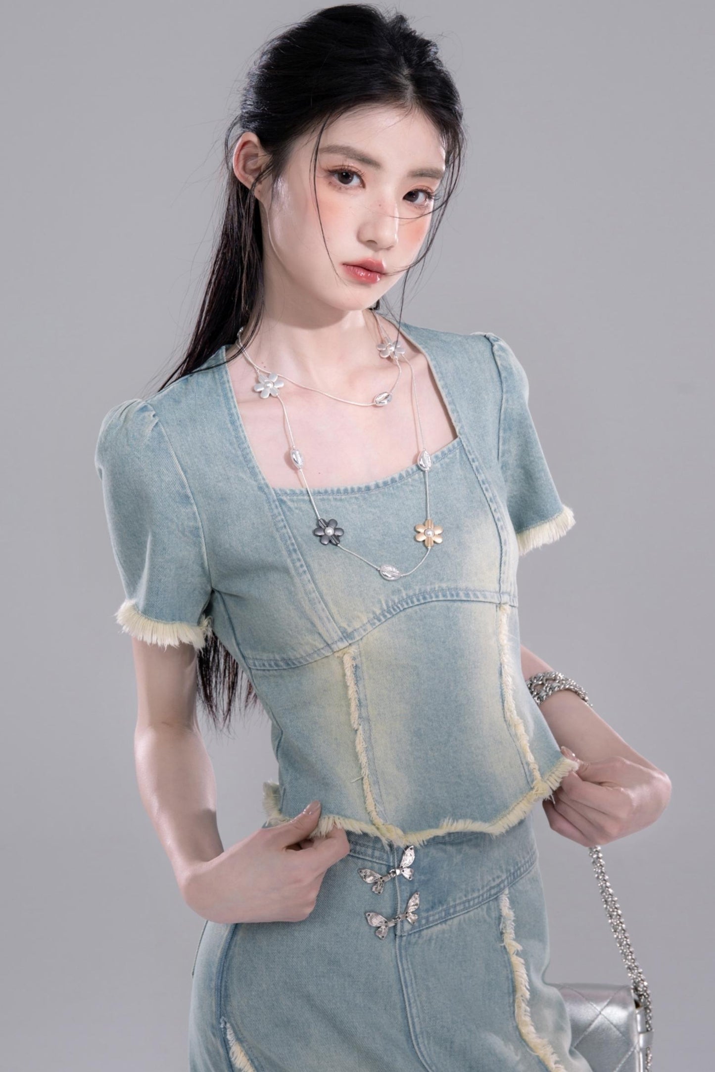 Cold Slit Blue Skirt Set-Up