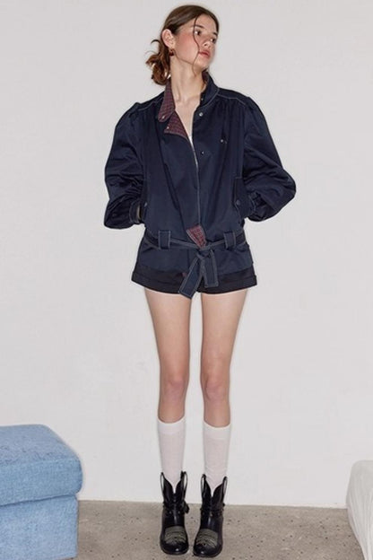 Vintage Navy Blue Patchwork Check Jacket