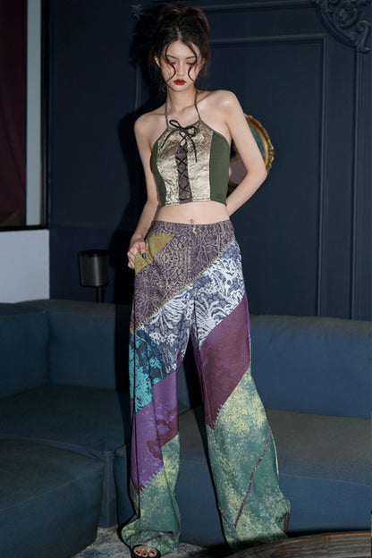 Retro Print Wide Leg Pants