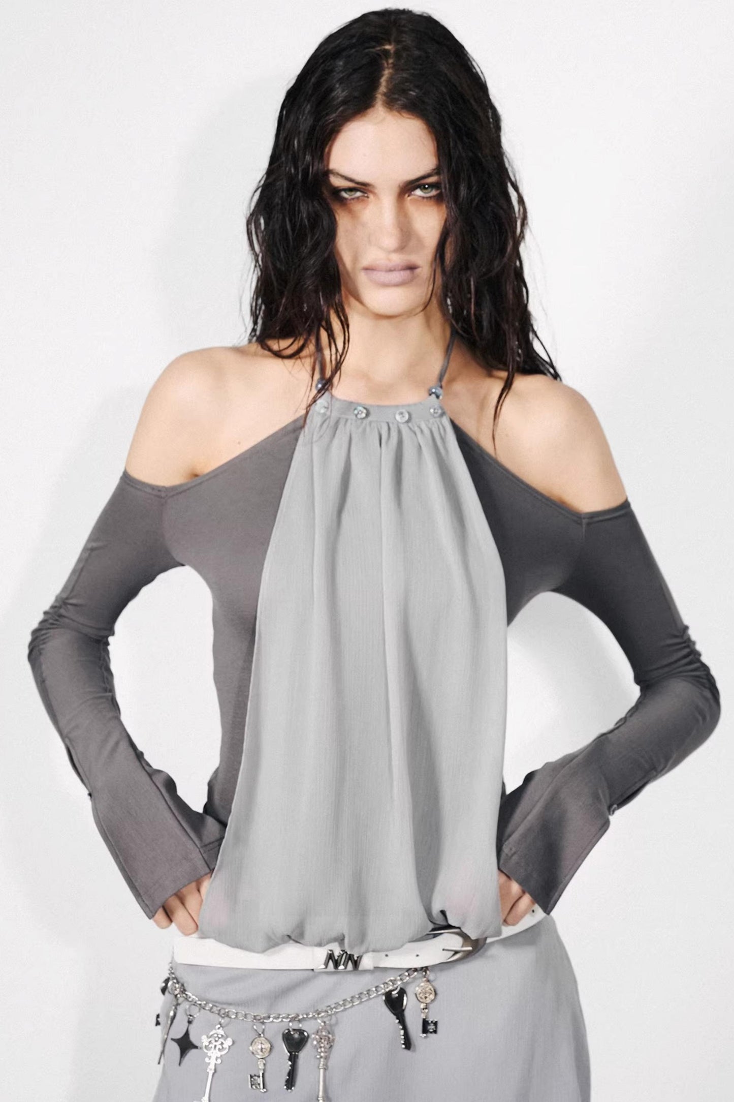 Chiffon-Patchwork-Oberteil mit schulterfreiem Design