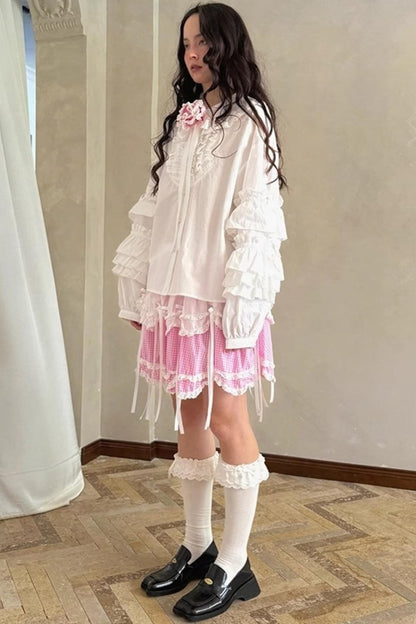 Pink-White Plaid Lace Shirt