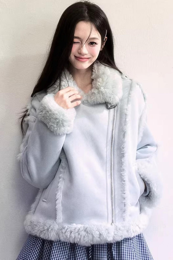 Mint Blue Patchwork Fur Jacket Set