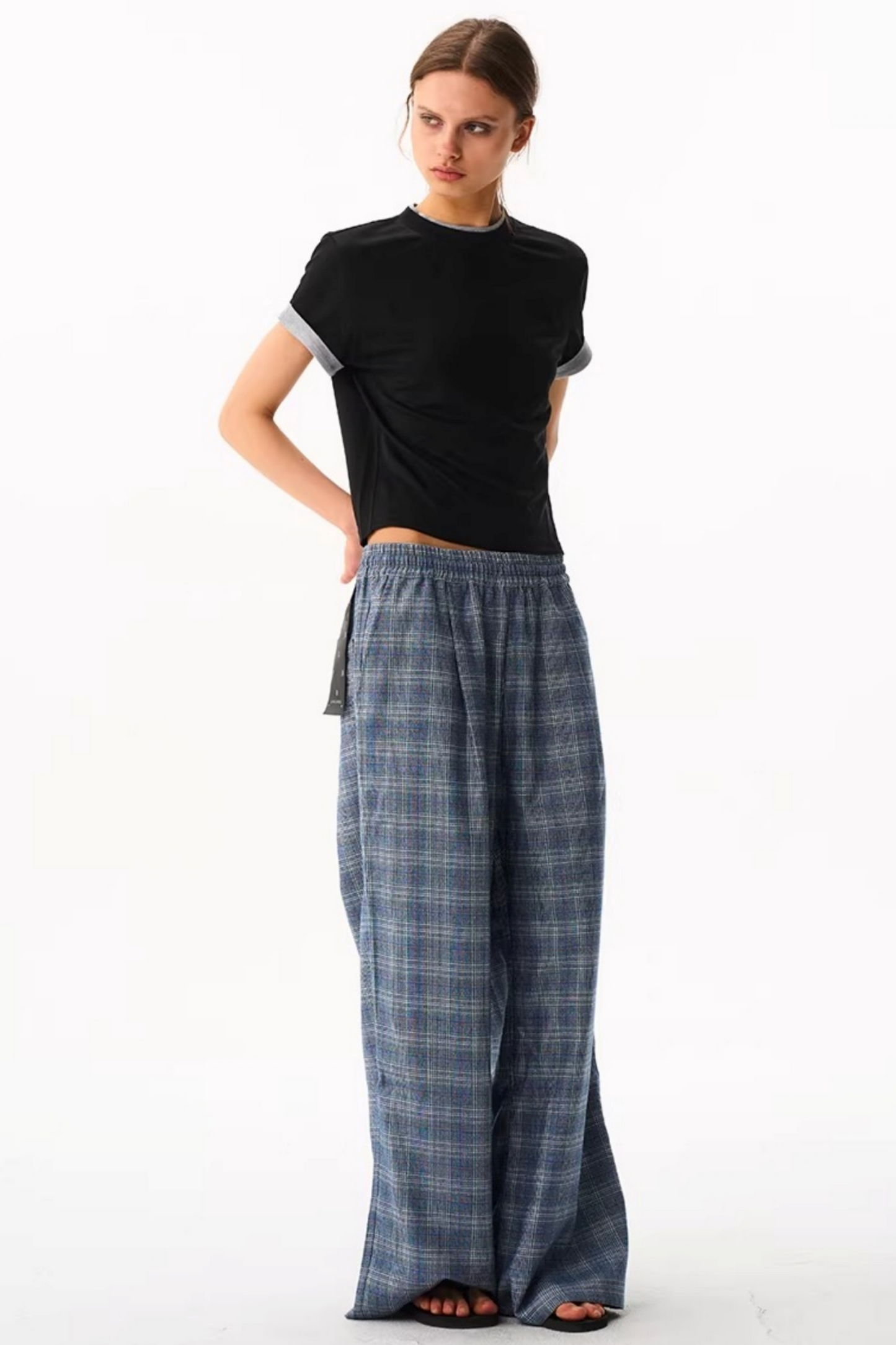 Blue Plaid Wide-Leg Pants