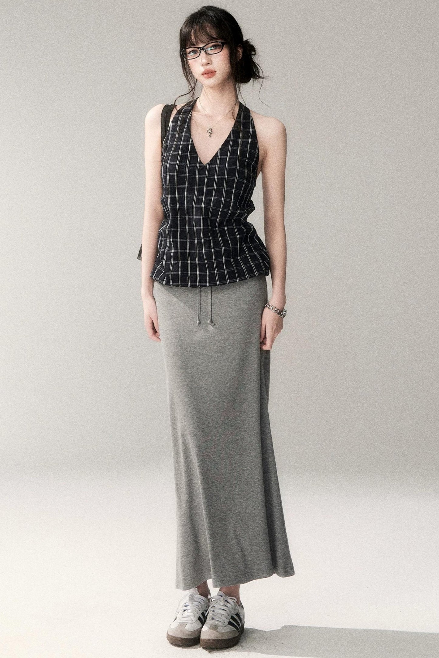 Textured Cotton Plaid Halter Camisole