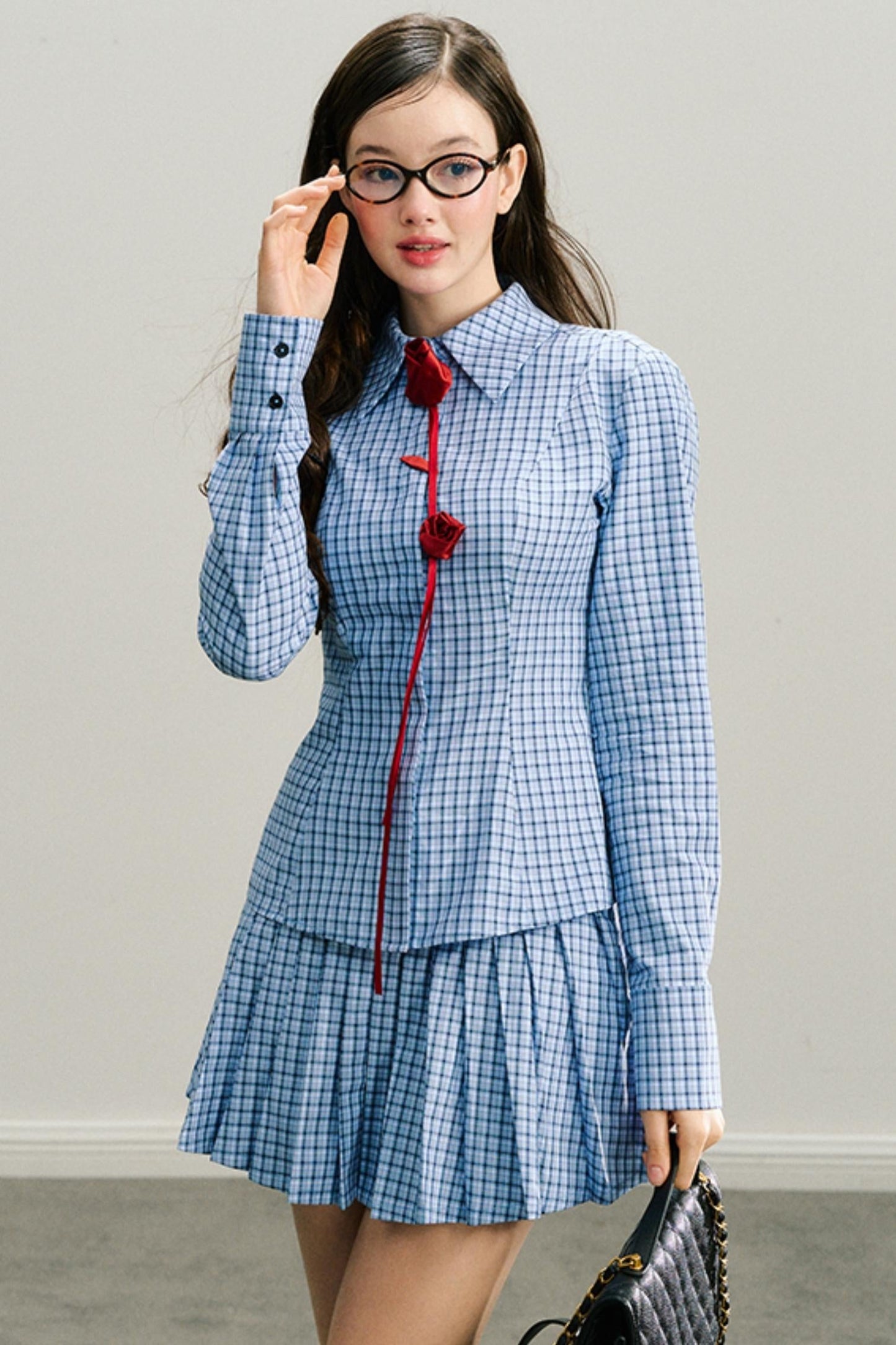 Red Rose Plaid Pleated Skirt Set-Up