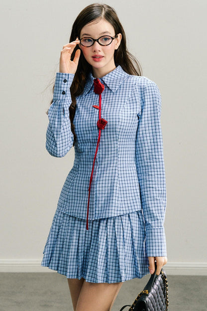 Red Rose Plaid Pleated Skirt Set-Up