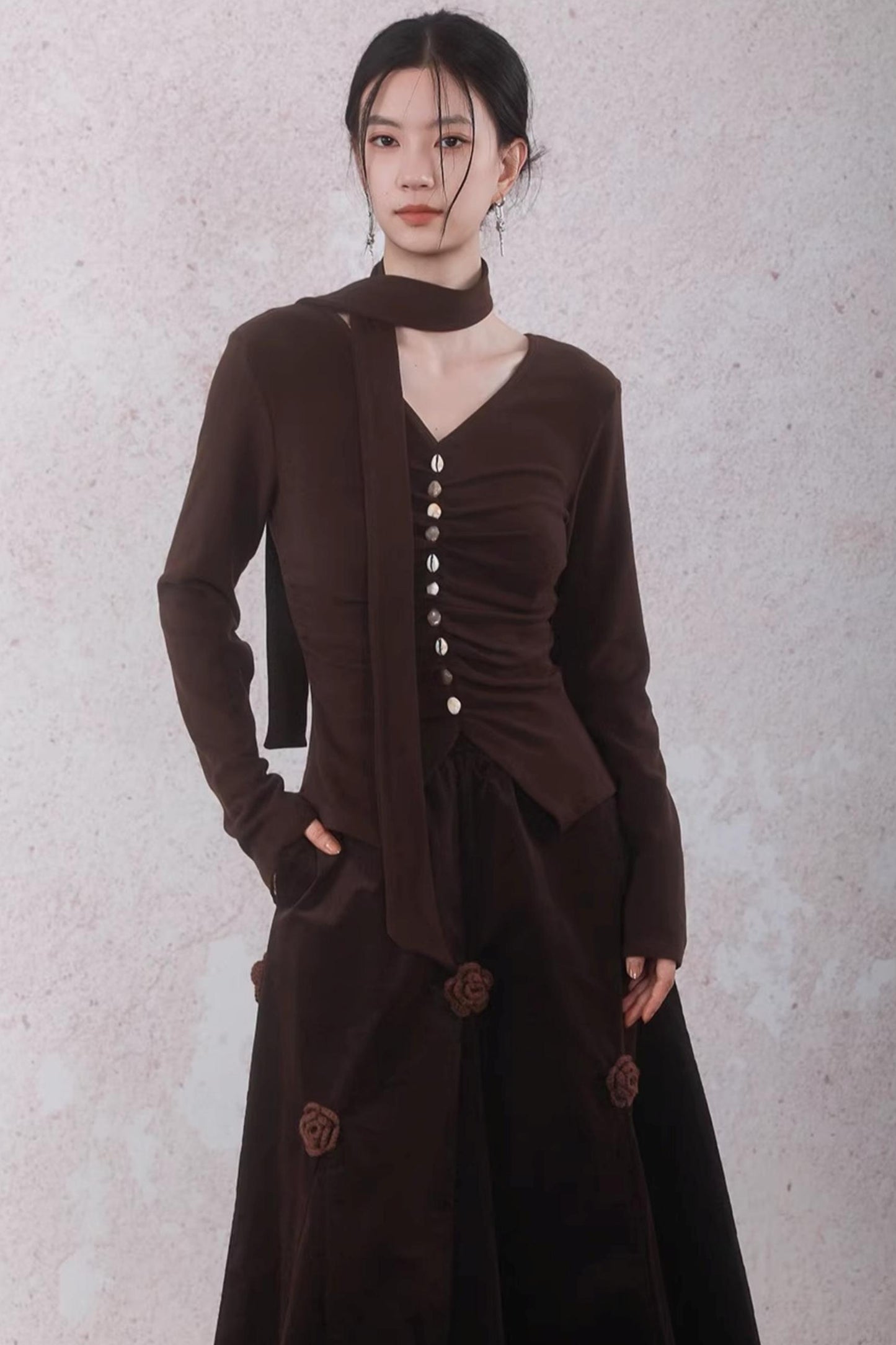 Caramel Coffee Shell Buckle Streamer Top