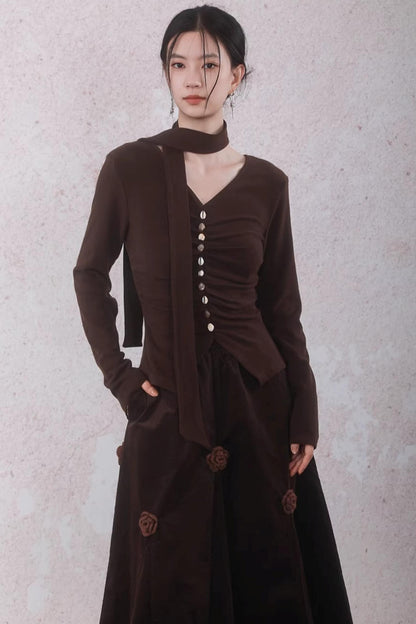 Caramel Coffee Shell Buckle Streamer Top