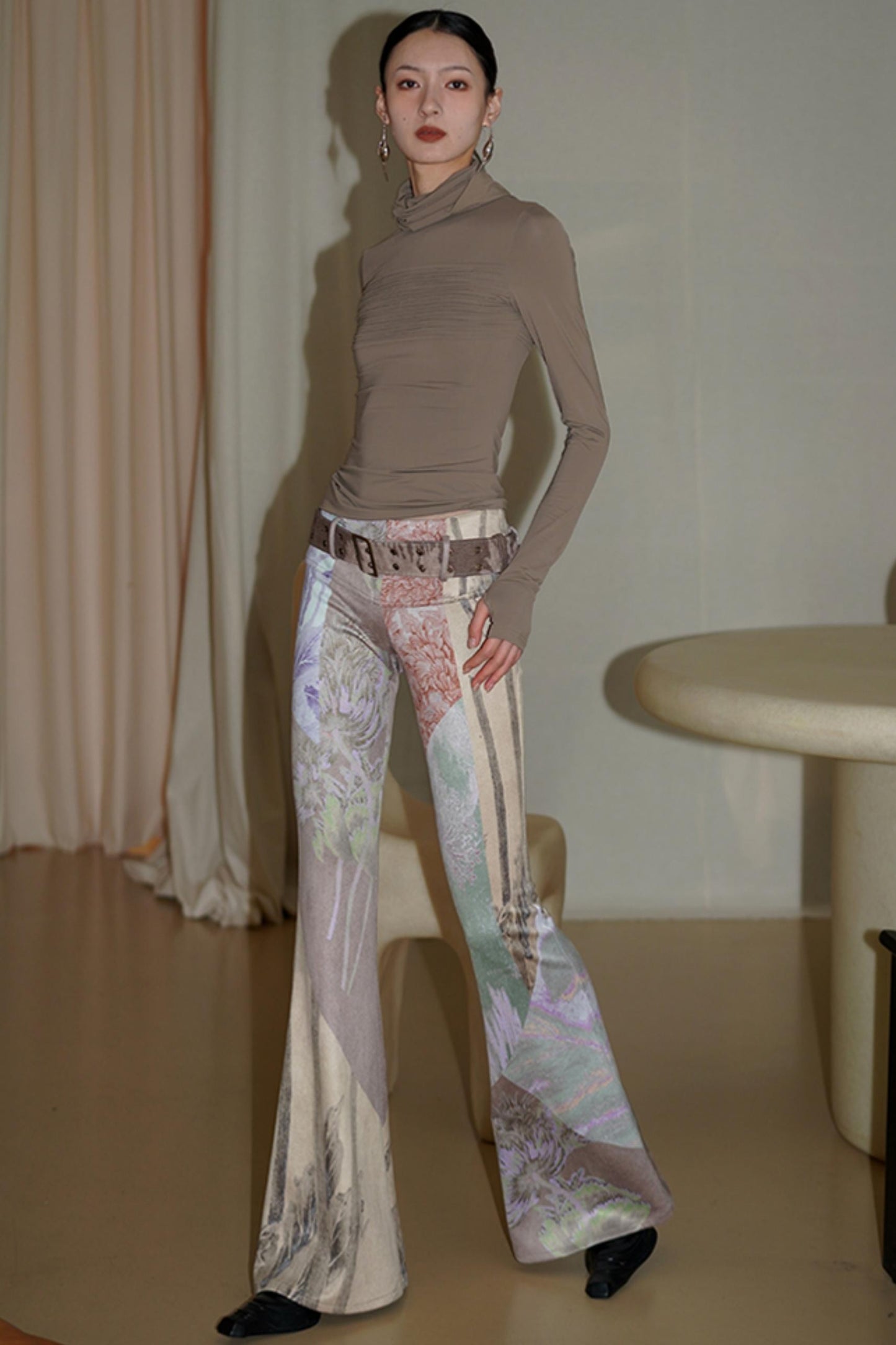 Vintage Print Suede Flared Pants