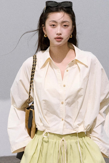 Lace-Up Pinch Pleated Cotton Shirt