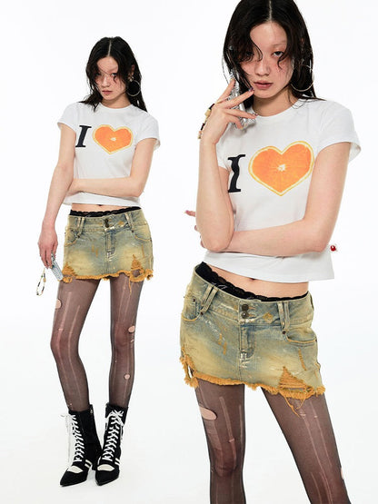 Low Waist Distressed Denim Mini Skirt