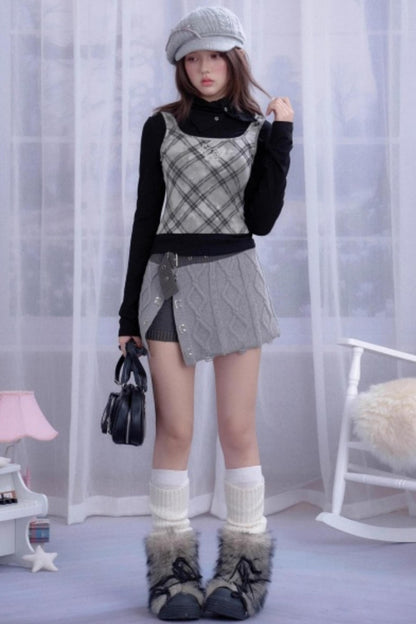 Retro Plaid Turtleneck Fake Two-Piece Top