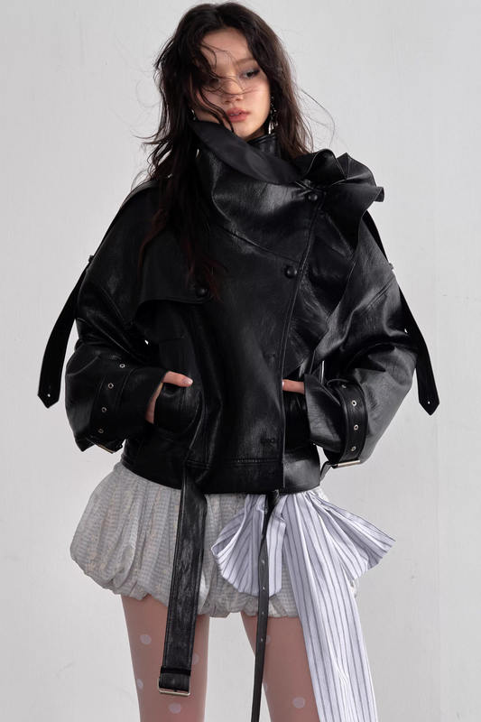 Ruffled Faux Leather Jacket