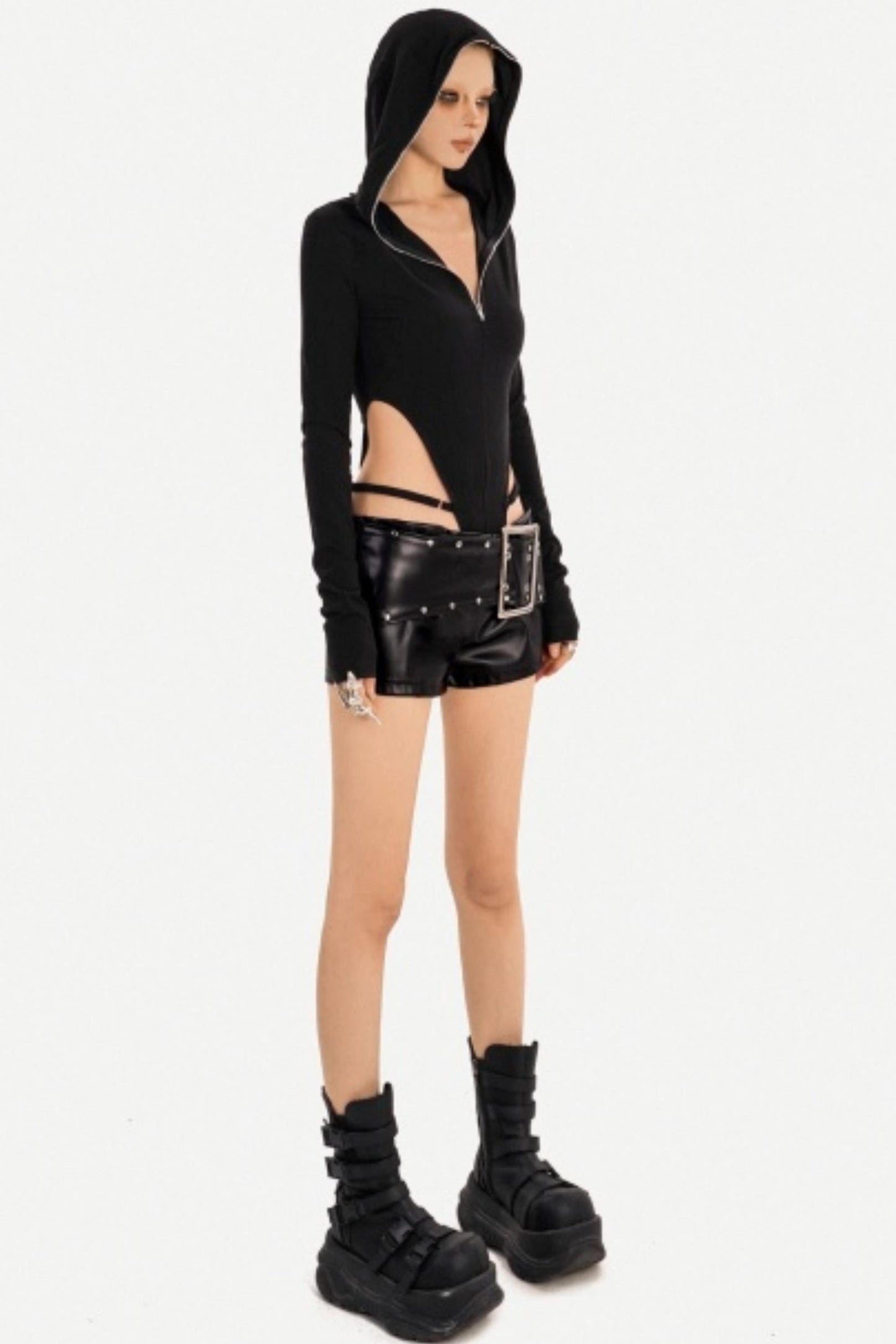 Black Zip-Up Hooded Bodysuit