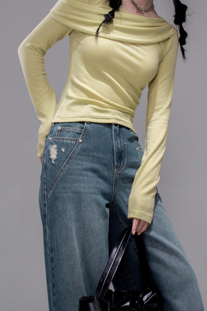 Deep Lake Blue Washed Wide-Leg Jeans