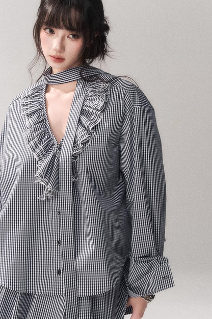 Blue Check Lace Blouse Set-Up
