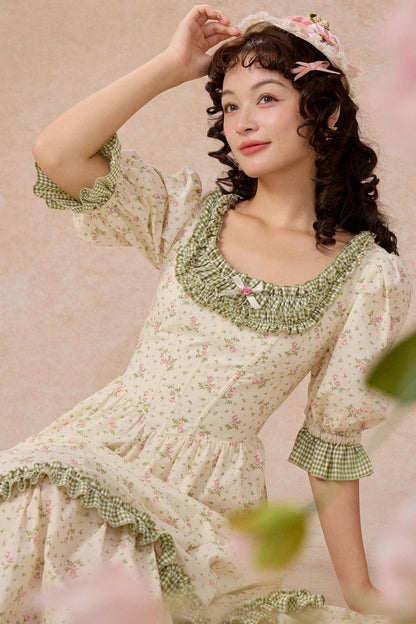 French Pastoral Style Floral Waist Dress