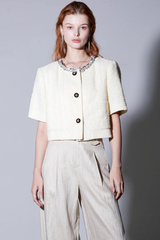 Shiny Beaded Silk Short Sleeve Cardigan