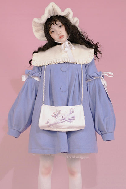 Retro Woolen Puff Sleeve Bow Top