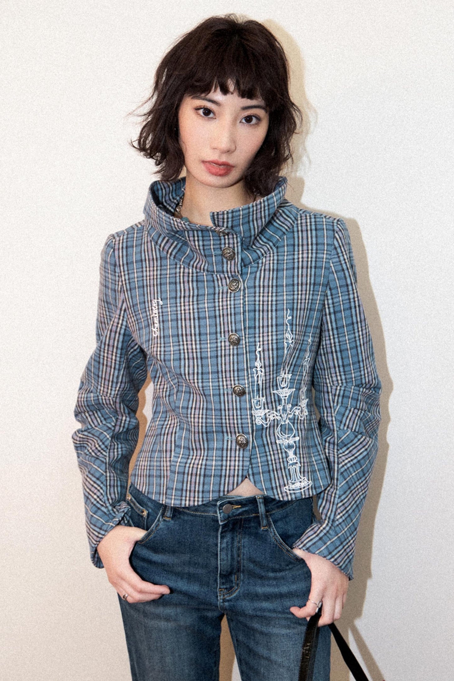 Plaid Embroidered Blazer Top