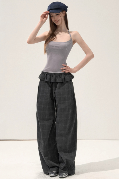 Folded Waistband Plaid Pants