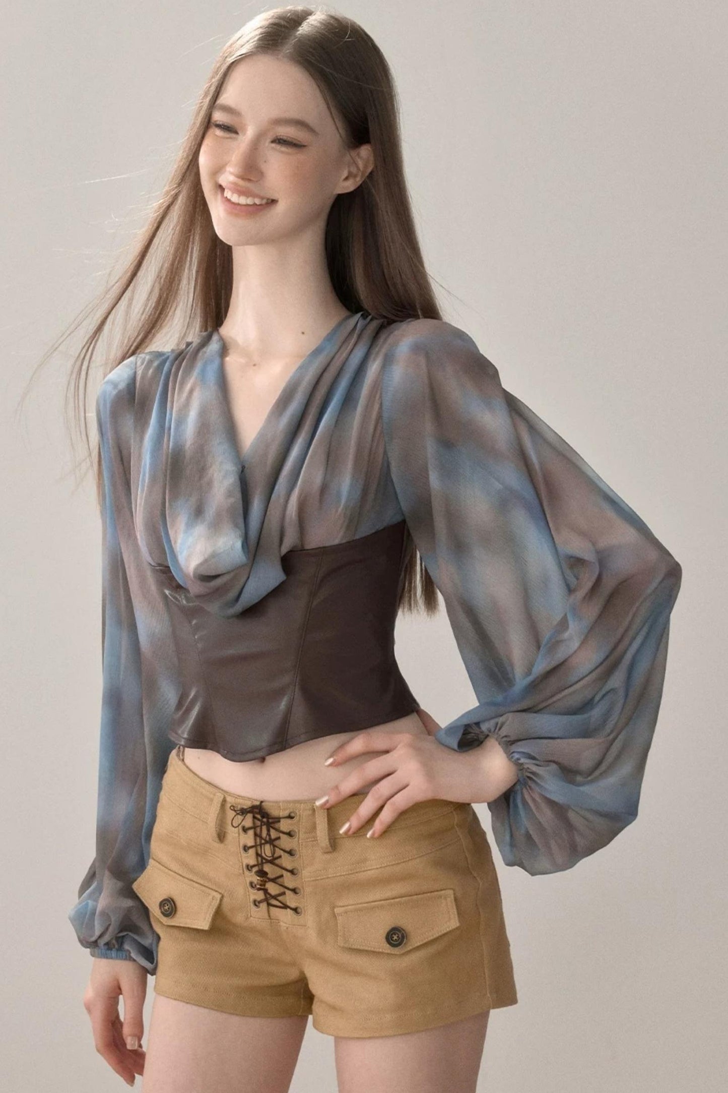 Waist-Cinching Printed Chiffon Shirt